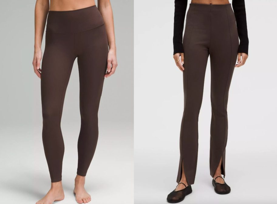 women in brown leggings and brown slit pants