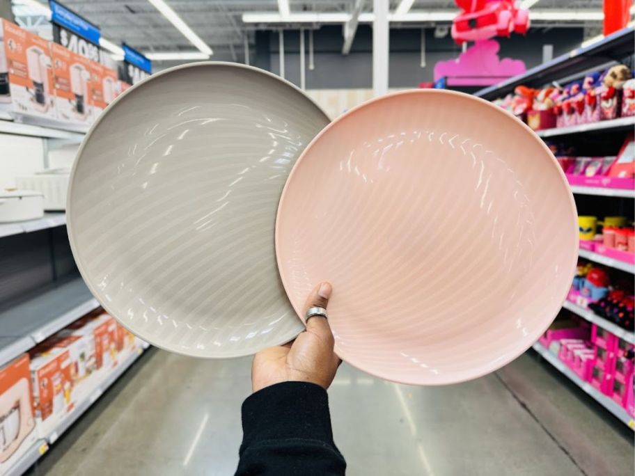 a womans hand holding two round plastic plates
