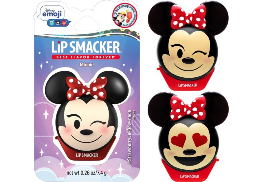 minnie mouse lipsmacker emoji lip balm packaging and back and front product views