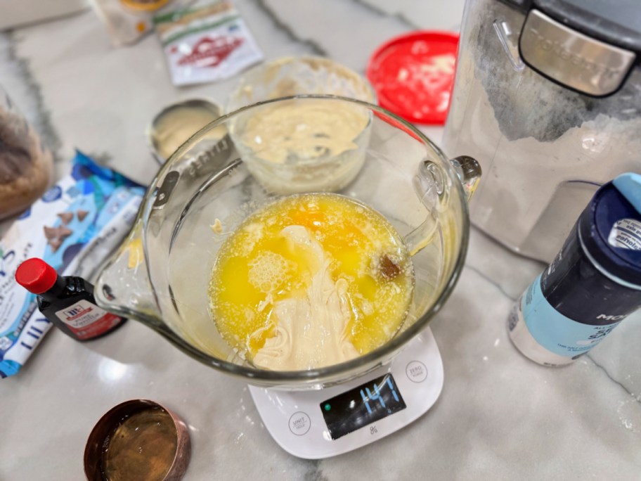 mixing wet ingredients for sourdough chocolate chip cookies