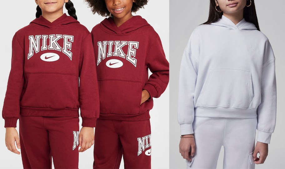 kids wearing red and light purple nike hoodies