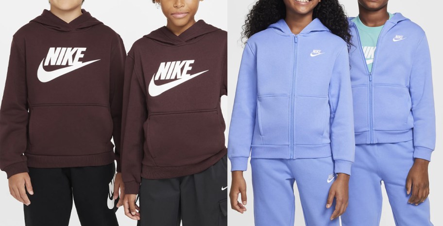kids wearing maroon and blue nike hoodies 