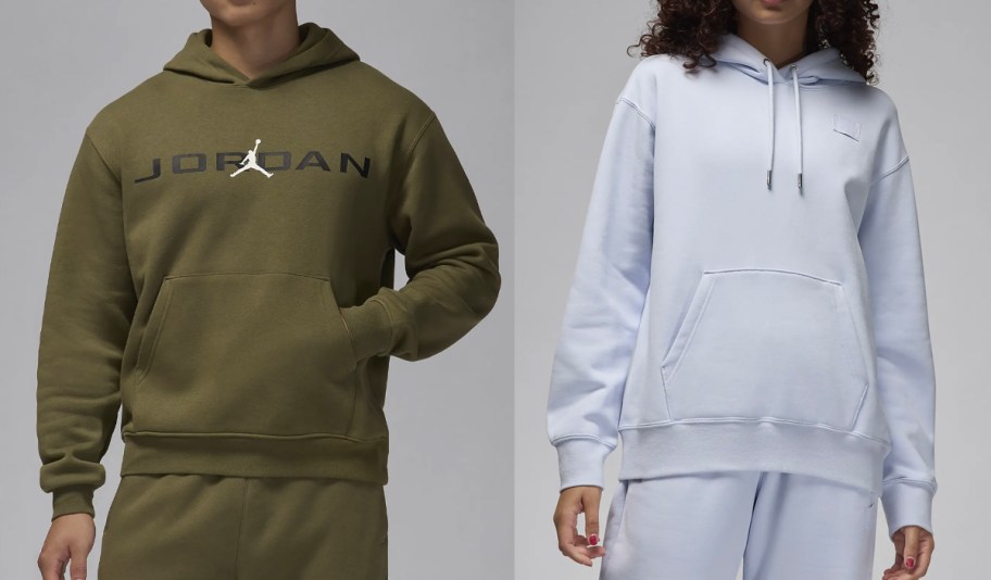 adults wearing green and light blue hoodies