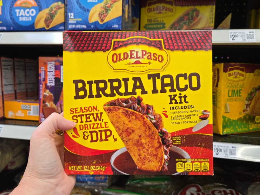 hand holding a box with an Old El Paso Birria Taco Kit 