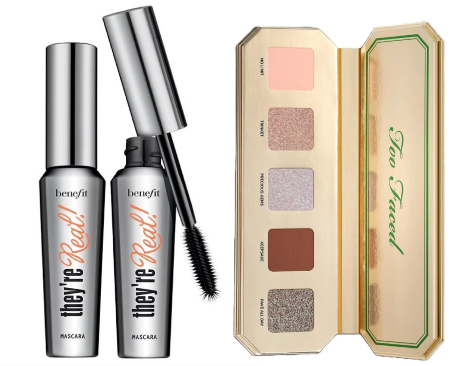 two tubes of mascara and a slim eyeshadow palerre with 5 colors