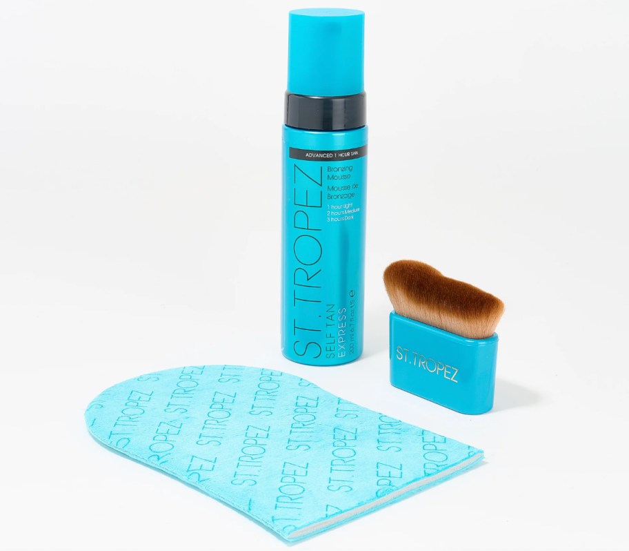 self tanning mousse tube, mitt, and brush
