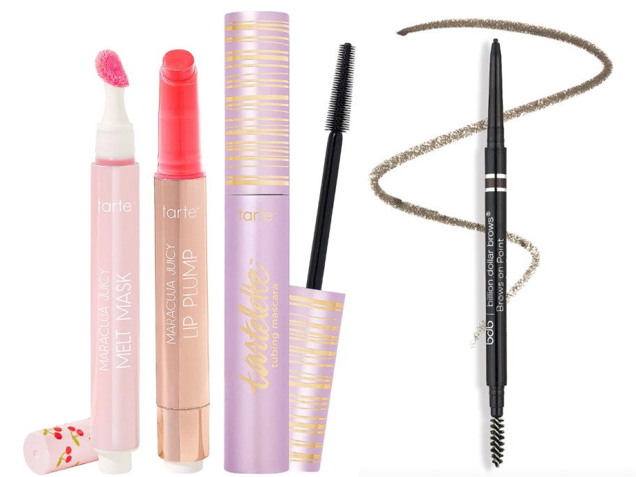 lip plump, lip melt, tubing mascara, and brow pencil 