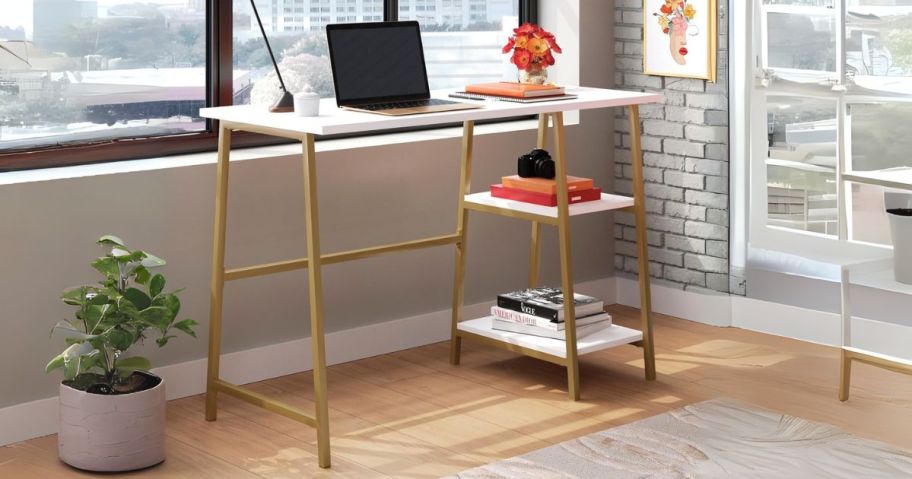 auder North Avenue Modern Desk w/ Open Shelves in White Finish in office