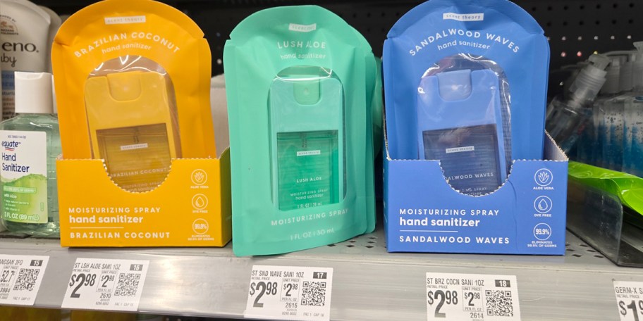 three scent theory hand sanitizers on shelf 