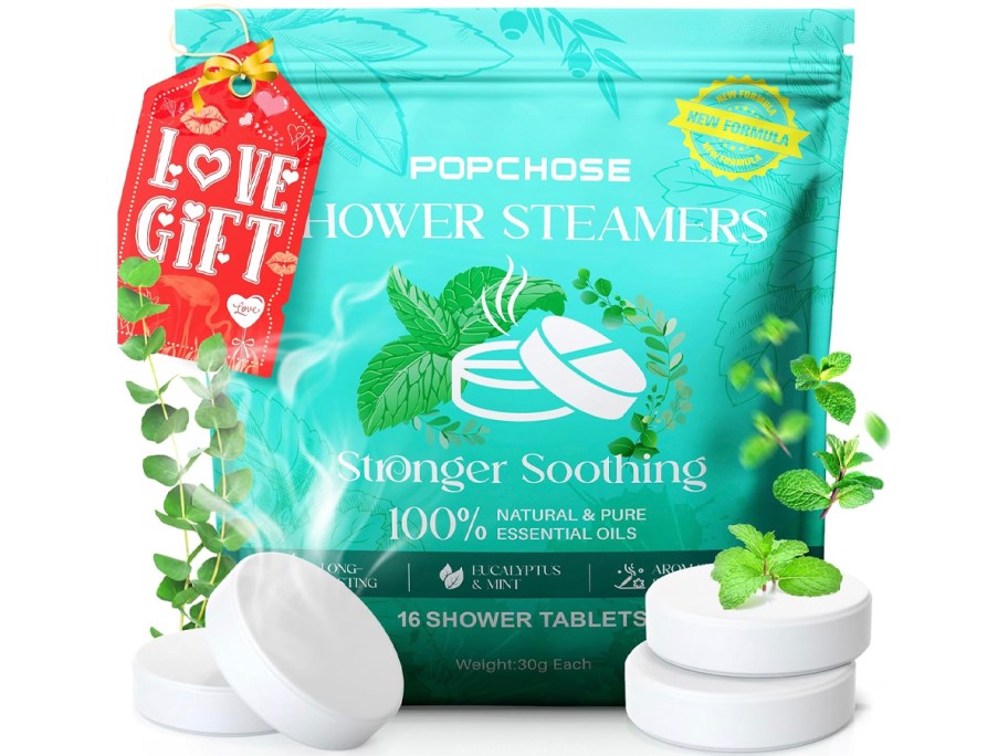 4 shower steamers in front of package 