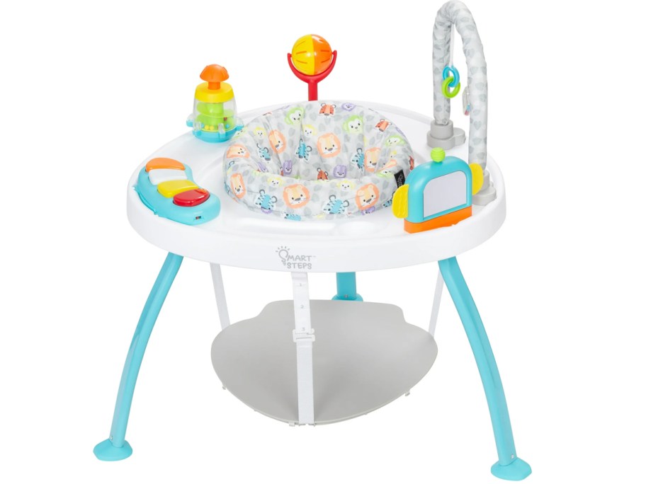 white and blue baby activity center 