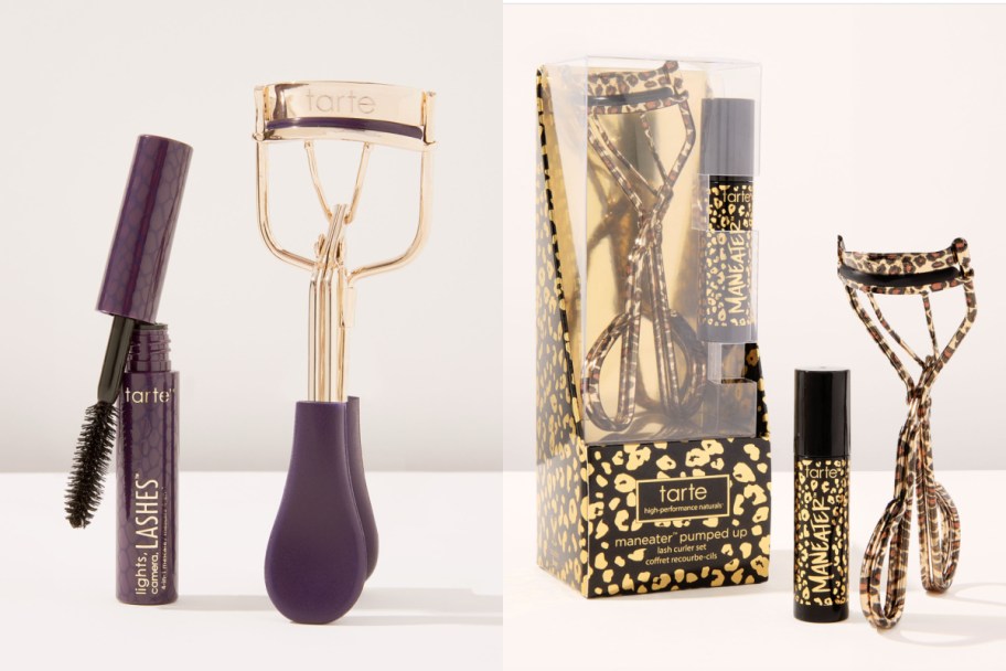 two mini mascaras next to two mini eyelash curlers