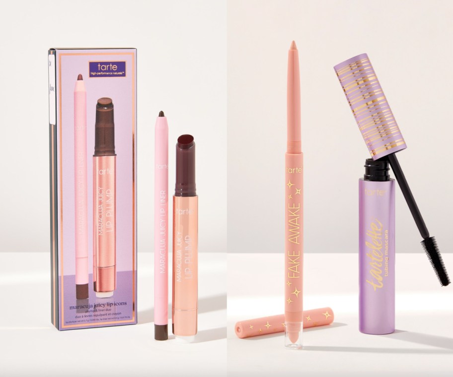 lip plump and liner next to highlighter stick and mascara