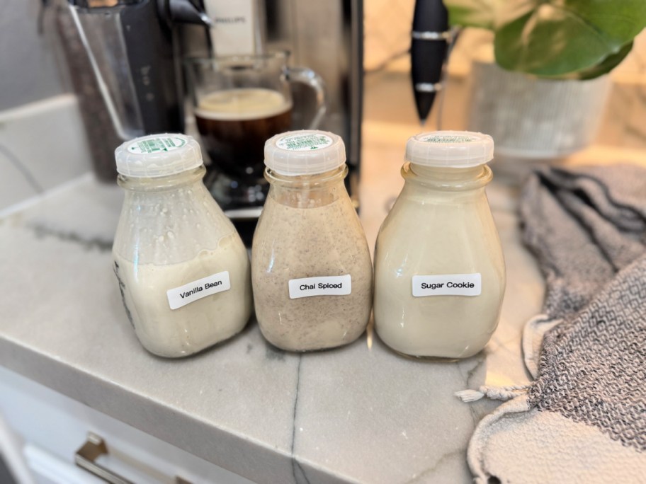 three flavors of homemade coffee creamers 