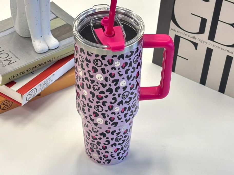 Ashland 40oz Pink Skull Leopard Stainless Steel Insulated Tumbler on desk