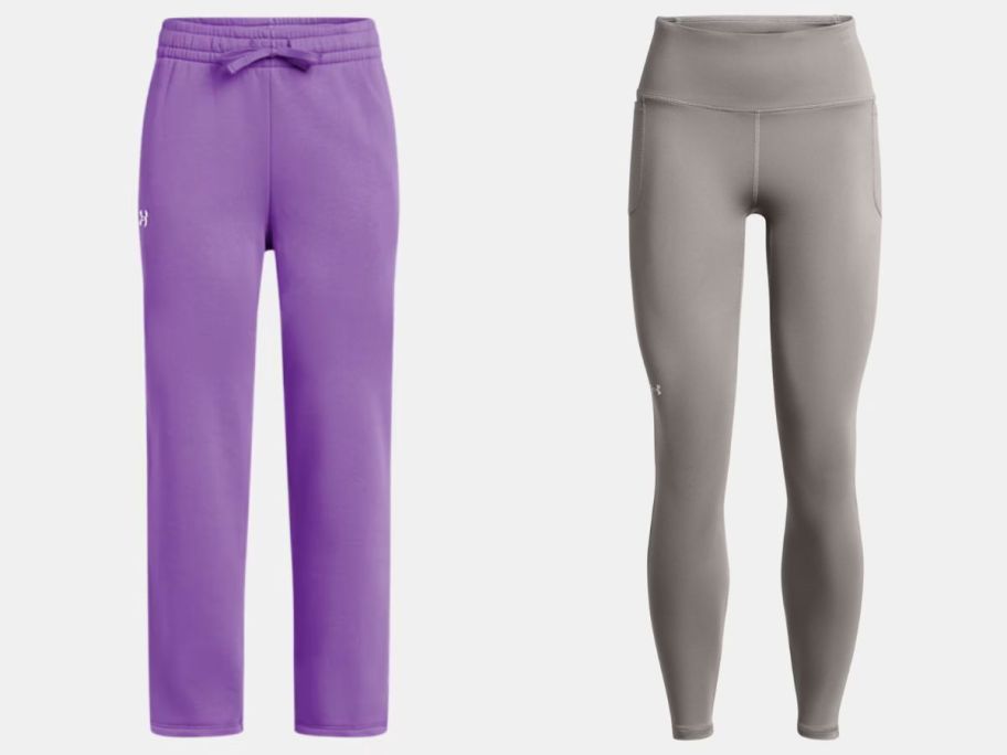 stock images of purple girls under armour pants and grey womens under armour leggings