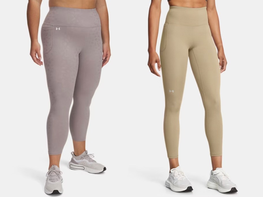 two women wearing under armour lavendar and tan leggings 