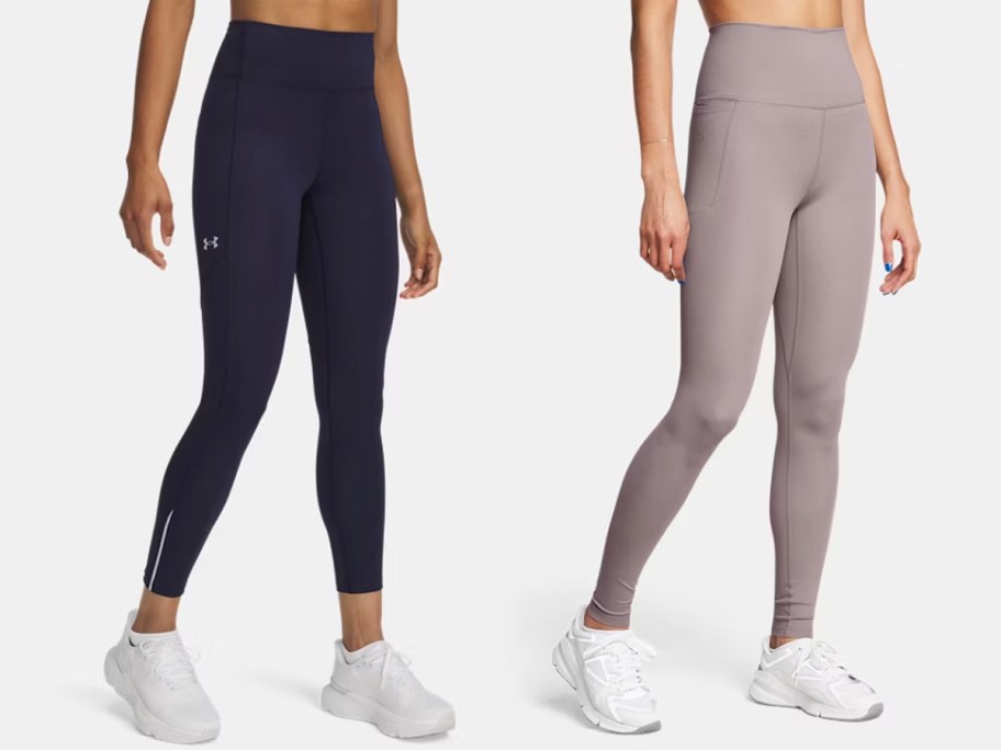 two women wearing navy and lavender leggings 