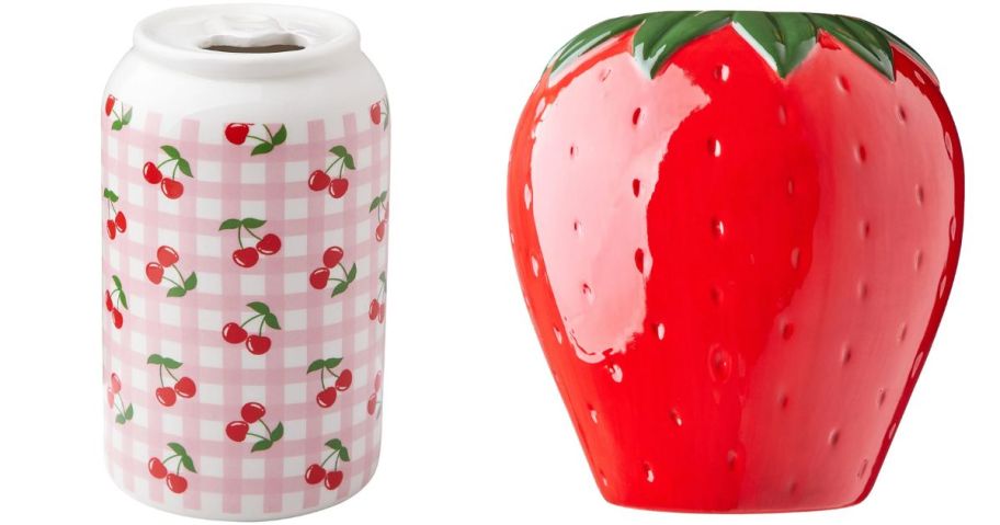 Mainstays Pink Gingham Cherry Soda Can Ceramic Vase and Red Strawberry Ceramic Vase