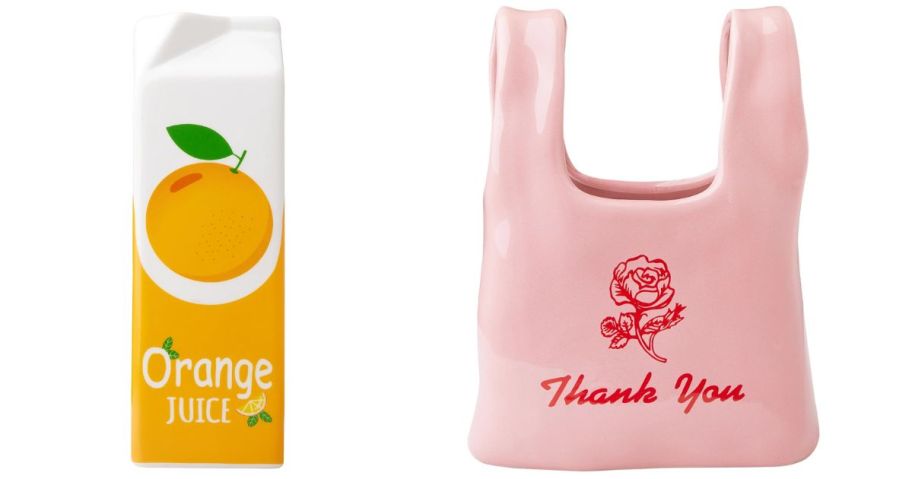 Mainstays Tall Orange Juice Carton Ceramic Vase and Pink Bodega Shopping Bag Ceramic Vase