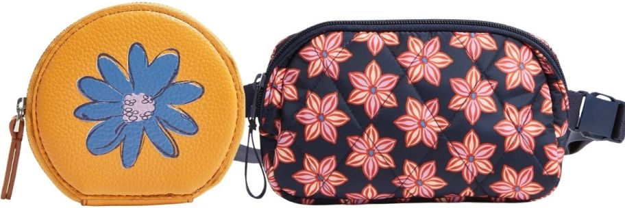 a small round leather zipper pouch and a floral print belt bag