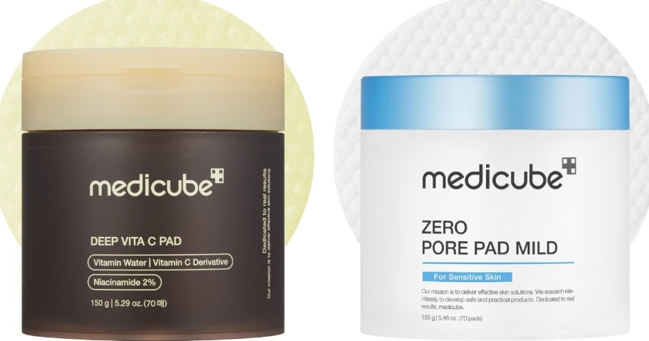 2 containers of Medicube pore pads with a pad behind each one