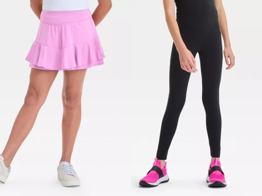 girl wearing pink ruffle skorts and girl wearing black leggings