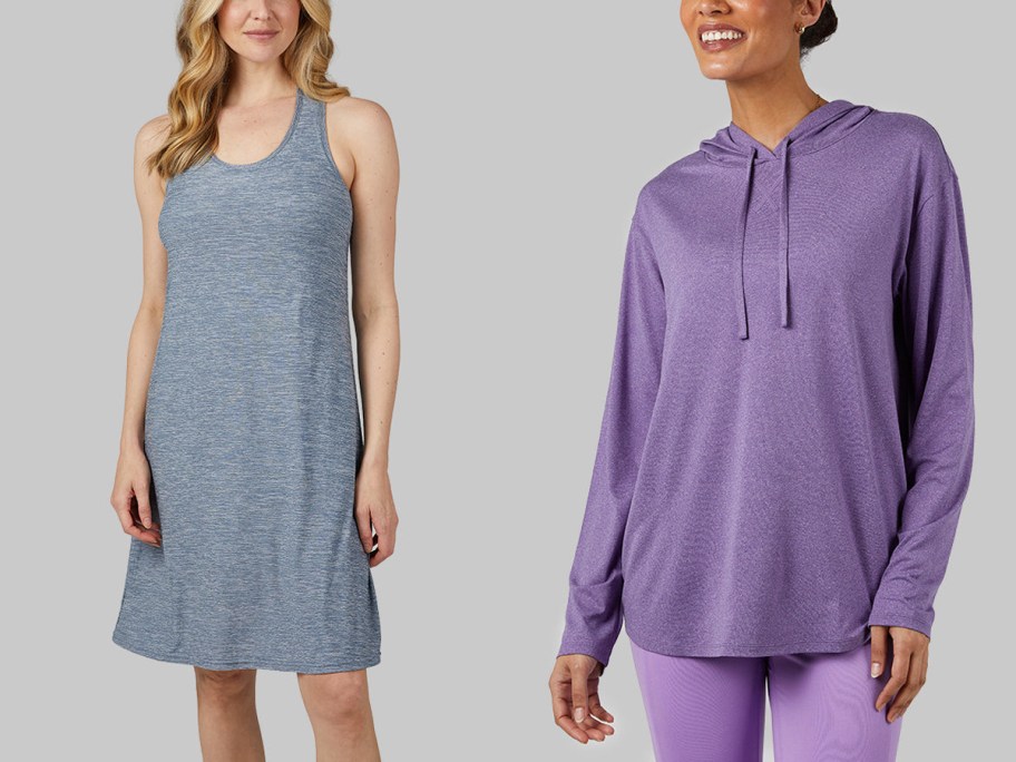 two women wearing gray dress and purple tee 
