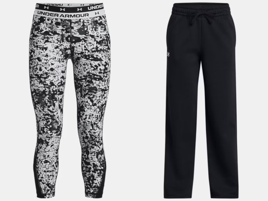 a pair of black and white Under Armour girls leggings and a pair of black fleece Under Armour girls pants