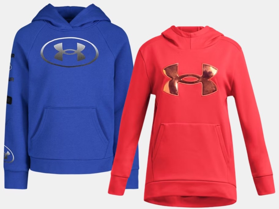 2 girls Under Armour hoodies, one is blue, the other is a reddish orange