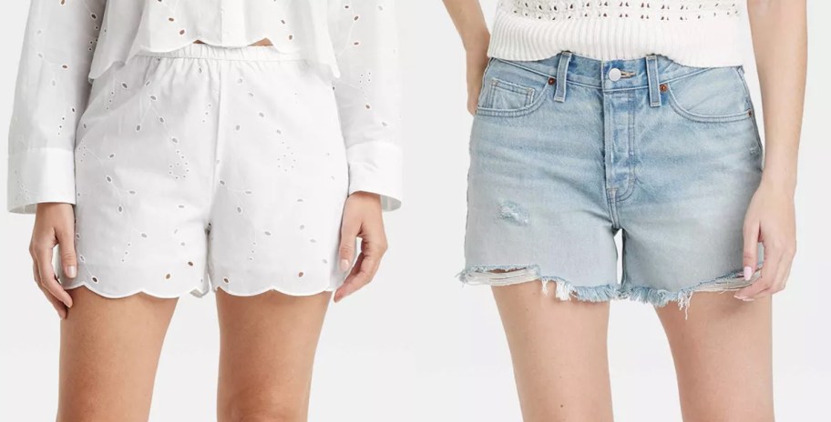 A New Day Women's Eyelet Boxer Pull-On Shorts and Universal Thread Women's Mid-Rise 90's Baggy Denim Shorts