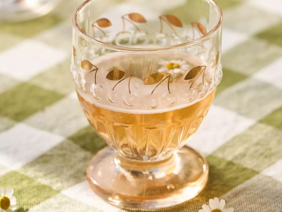 Anthropologie Clara Icon Glass Goblets on a checkered tablecloth 