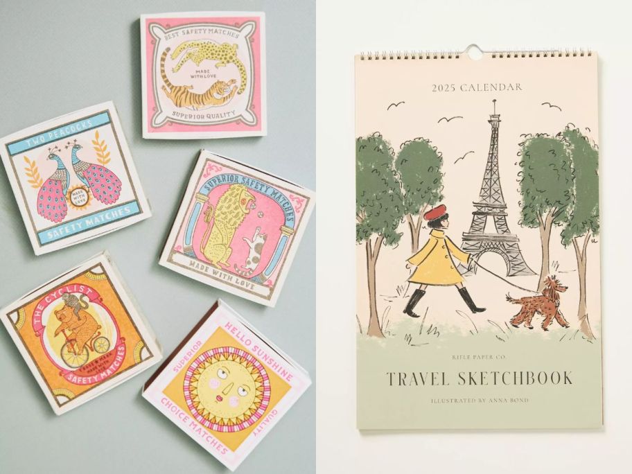 a set of decorative matches and a wall calendar