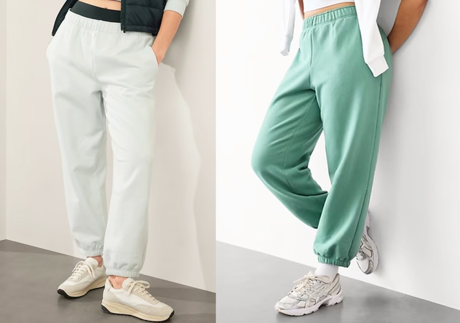 two women in light blue and green joggers