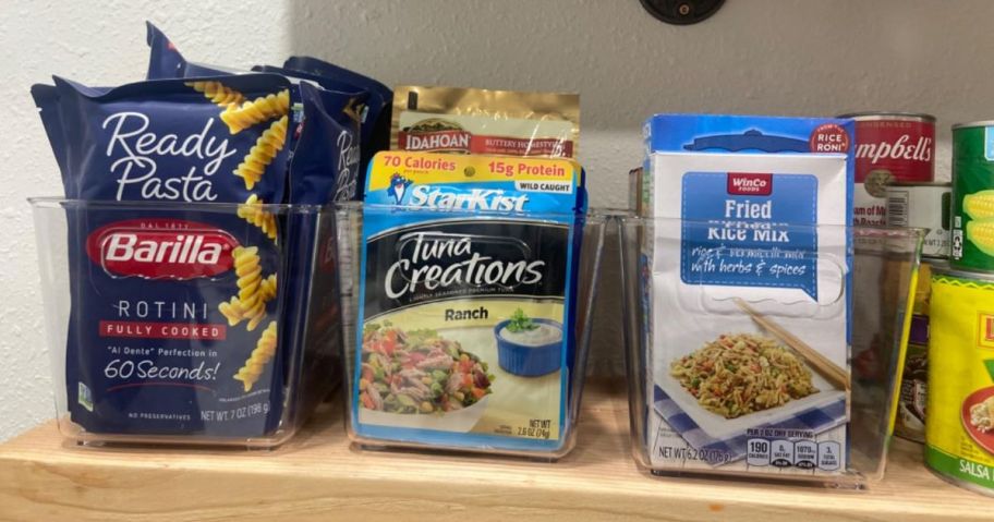 Pantry Organizers & Storage Bins on shelf with food packets inside
