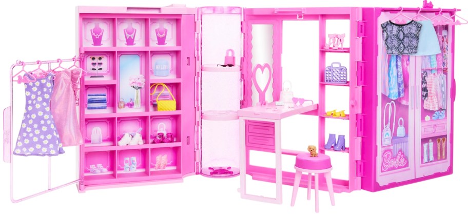 opened pink barbie closet playset
