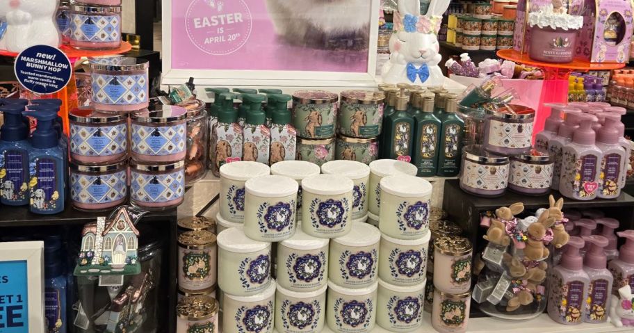 Bath & Body Works Hand Soaps and Candles on display at the store with Easter decor
