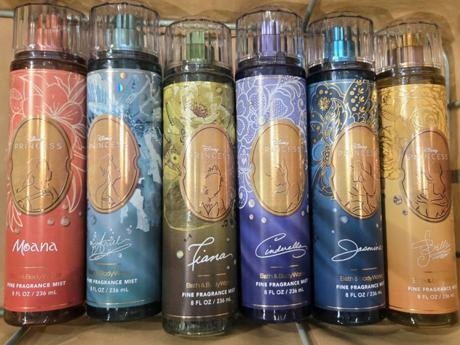6 Different bottles of Bath & Body Works Disney Princess Fragrance Mists