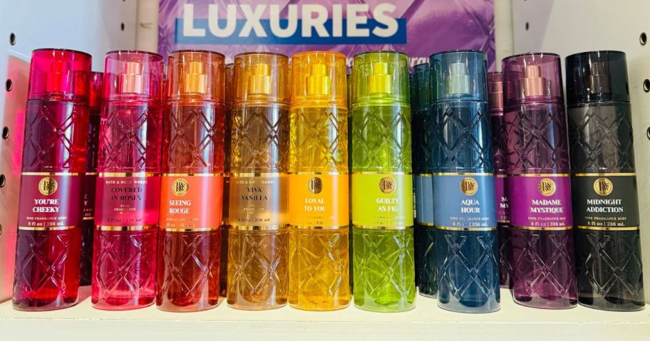 Lineup of Bath & Body Works Everyday Luxuries Fragrance Mists in different scents