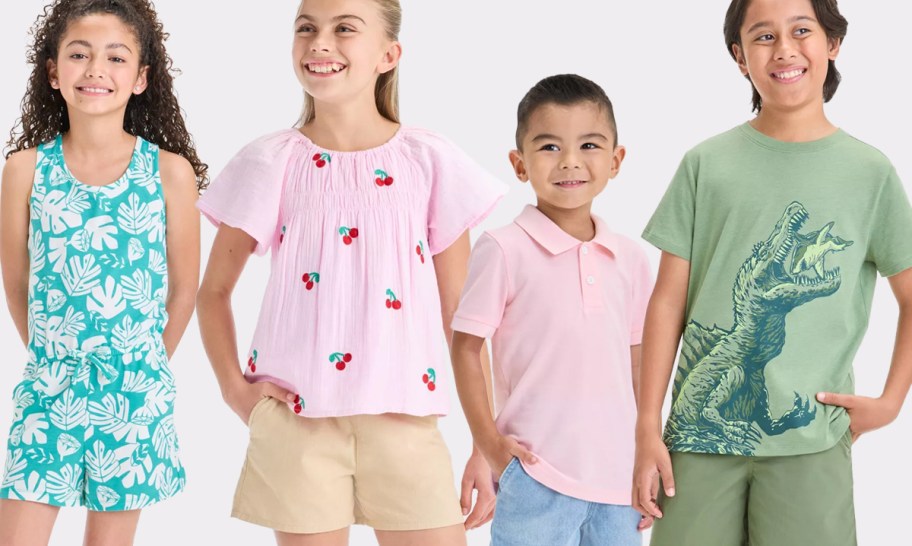 Cat & Jack Girls Knit Romper, Girls Embroidered Woven Top, Toddler Boys Striped Polo Shirt, and Boys Dino Eating Shark Shirt