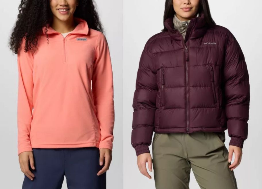 a woman in a fleece quarter zip and a woman wearing a cropped puffer jacket