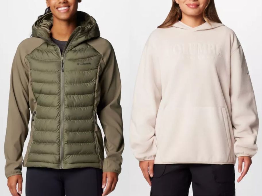 a woman in a columbia jacket and a woman in a columbia hoodie