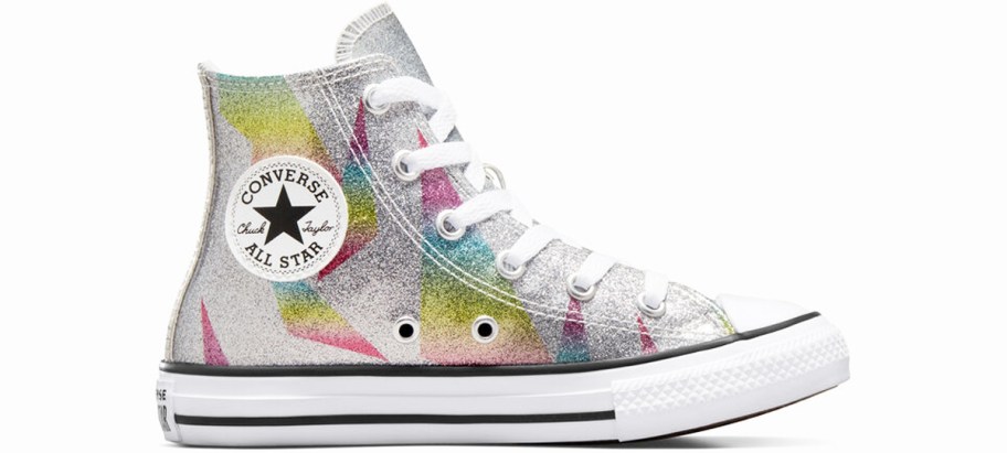 silver sparkly high top sneaker with multi-colored triangle pattern
