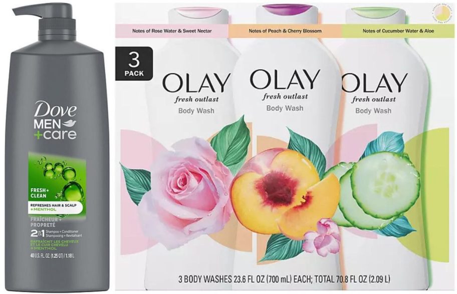 Stock images of Dove Men's+ Care Body Wash and a 3-Pack of Olay Body Wash