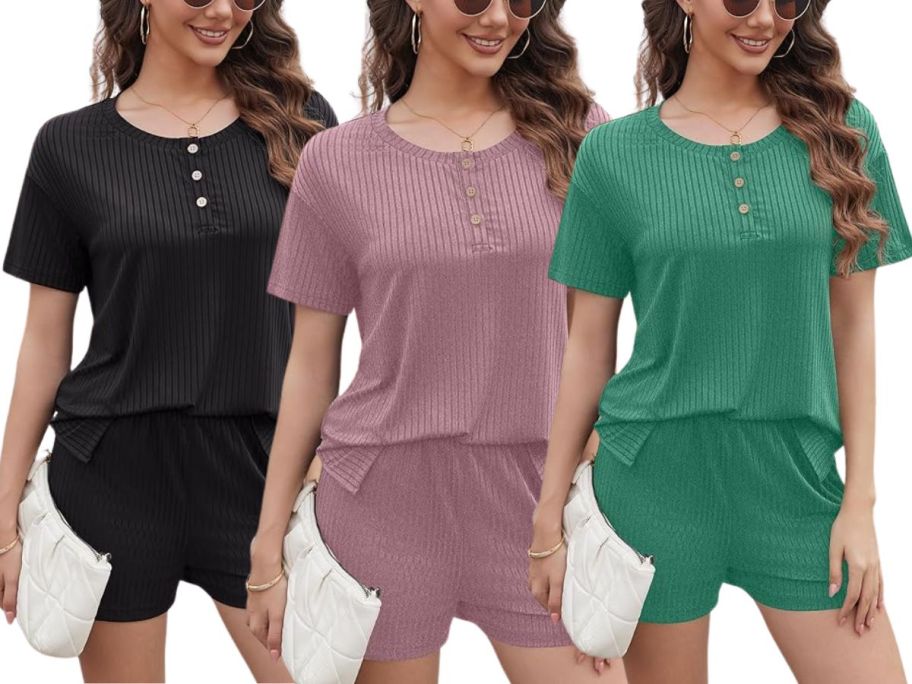 3 women wearing cami and shorts loungewear set