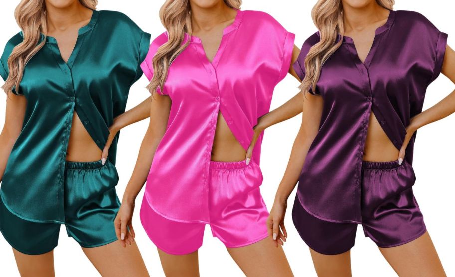3 women in various colors of a short pj 2 piece set