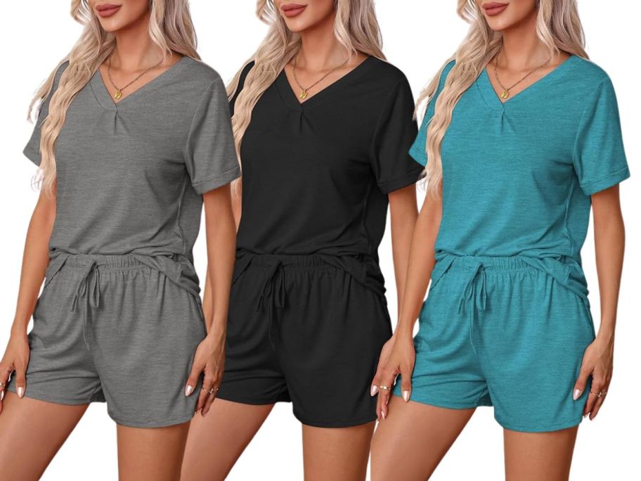 3 women wearing a short loungewear set 