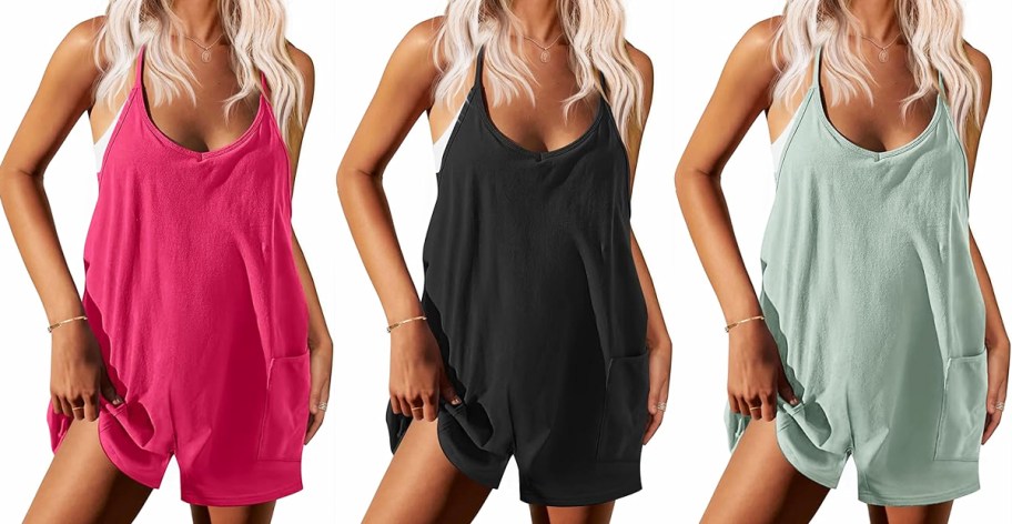 three women modeling pink, black, and mint green rompers