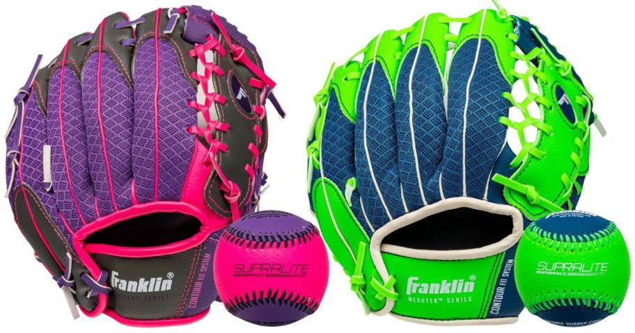 2 brightly color baseball gloves
