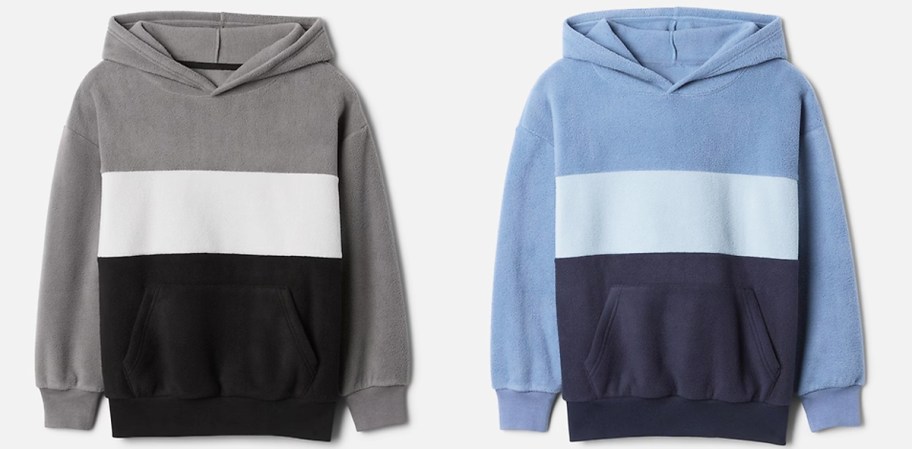 grey and blue colorblock hoodies